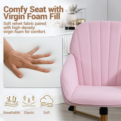 Bosmiller Velvet Home Office Chair With Gold Base And Wheels, Modern Makeup Vanity Chair, Height Adjustable Swivel Desk Chair For Living Room Bedroom Study Room, Pink