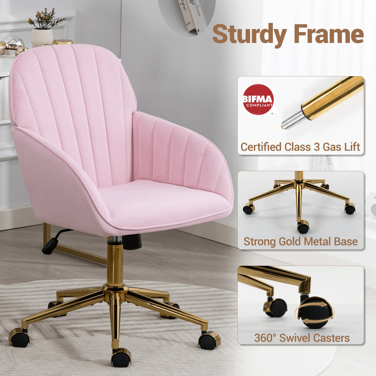 Bosmiller Velvet Home Office Chair With Gold Base And Wheels, Modern Makeup Vanity Chair, Height Adjustable Swivel Desk Chair For Living Room Bedroom Study Room, Pink
