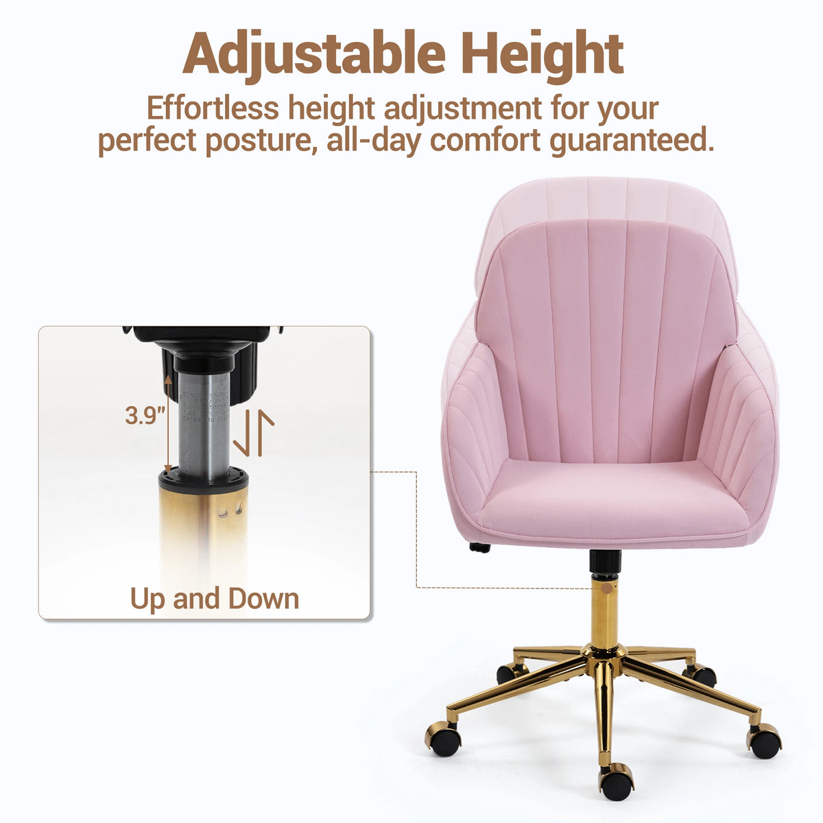 Bosmiller Velvet Home Office Chair With Gold Base And Wheels, Modern Makeup Vanity Chair, Height Adjustable Swivel Desk Chair For Living Room Bedroom Study Room, Pink