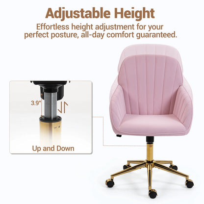 Bosmiller Velvet Home Office Chair With Gold Base And Wheels, Modern Makeup Vanity Chair, Height Adjustable Swivel Desk Chair For Living Room Bedroom Study Room, Pink