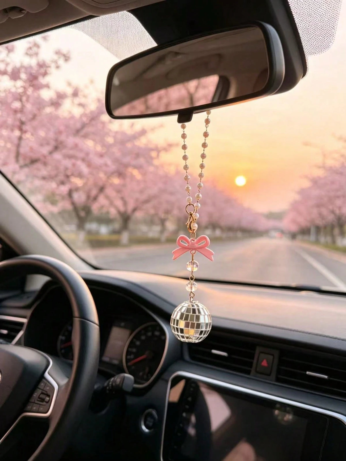 Bow Disco Ball Car Rearview Mirror Hanging Ornament, Pearl Beaded Mirror Ball Car Hanging Decoration, Girly Style Car Interior Decor Pendant, Vintage Mirror Ball Car Hanging Ornament, Pink Bow Beaded