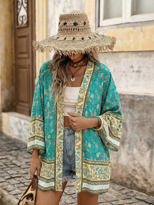 Brillora Floral Print Kimono For Vacation & Beach Summer