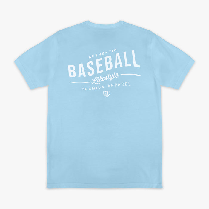 Light blue t-shirt with 'Authentic Baseball Lifestyle PREMIUM APPAREL' text on a white background