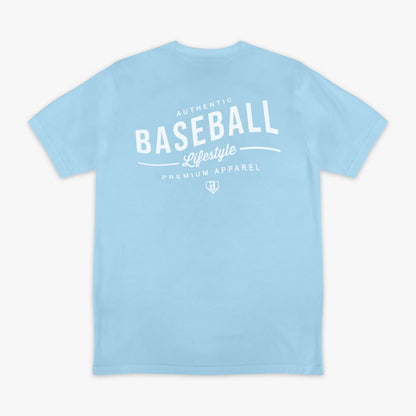 Light blue t-shirt with 'Authentic Baseball Lifestyle PREMIUM APPAREL' text on a white background