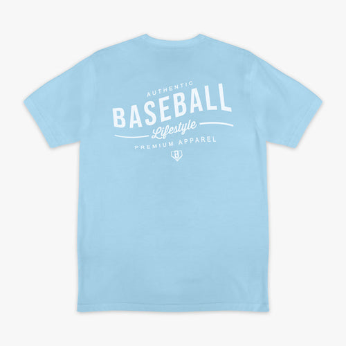 Light blue t-shirt with 'Authentic Baseball Lifestyle PREMIUM APPAREL' text on a white background