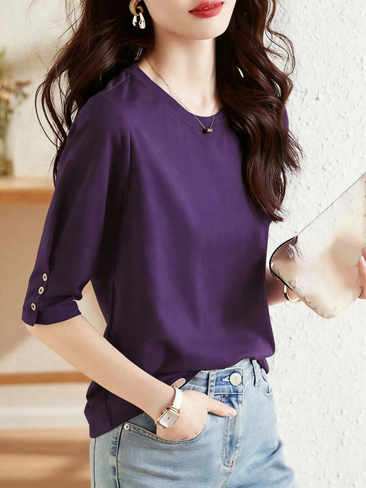 Button Design Casual Mid-Sleeve Top, New Summer Fashion Versatile Round Neck Half Sleeve T-Shirt For Women, Slimming