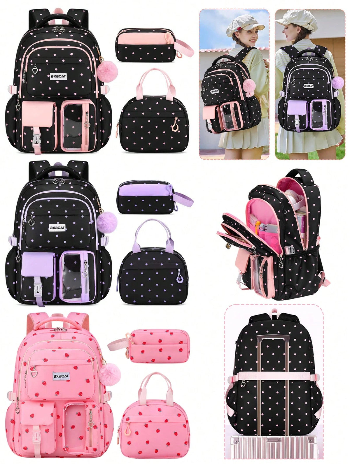 BXboat 3pcs/Set Strawberry Backpack Set For Teenage Girls, Including Backpack, Lunch Bag And Pencil Case, Lightweight & Cute Design, 15.6" Laptop Backpack With Trolley Handle, Suitable For School, Out