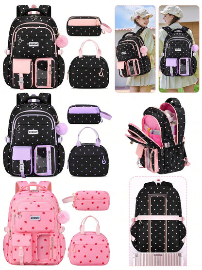 BXboat 3pcs/Set Strawberry Backpack Set For Teenage Girls, Including Backpack, Lunch Bag And Pencil Case, Lightweight & Cute Design, 15.6" Laptop Backpack With Trolley Handle, Suitable For School, Out