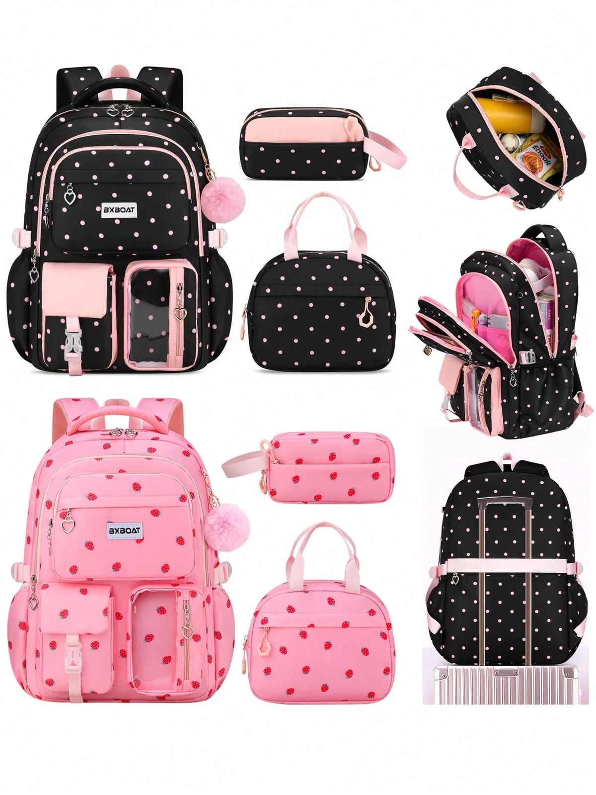 BXboat 3pcs/Set Strawberry Backpack Set For Teenage Girls, Including Backpack, Lunch Bag And Pencil Case, Lightweight & Cute Design, 15.6" Laptop Backpack With Trolley Handle, Suitable For School, Out