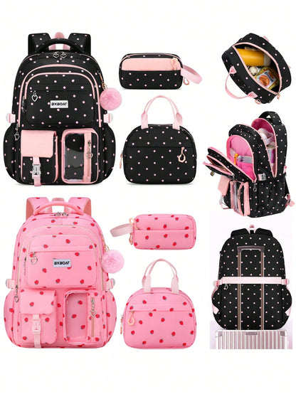 BXboat 3pcs/Set Strawberry Backpack Set For Teenage Girls, Including Backpack, Lunch Bag And Pencil Case, Lightweight & Cute Design, 15.6" Laptop Backpack With Trolley Handle, Suitable For School, Out