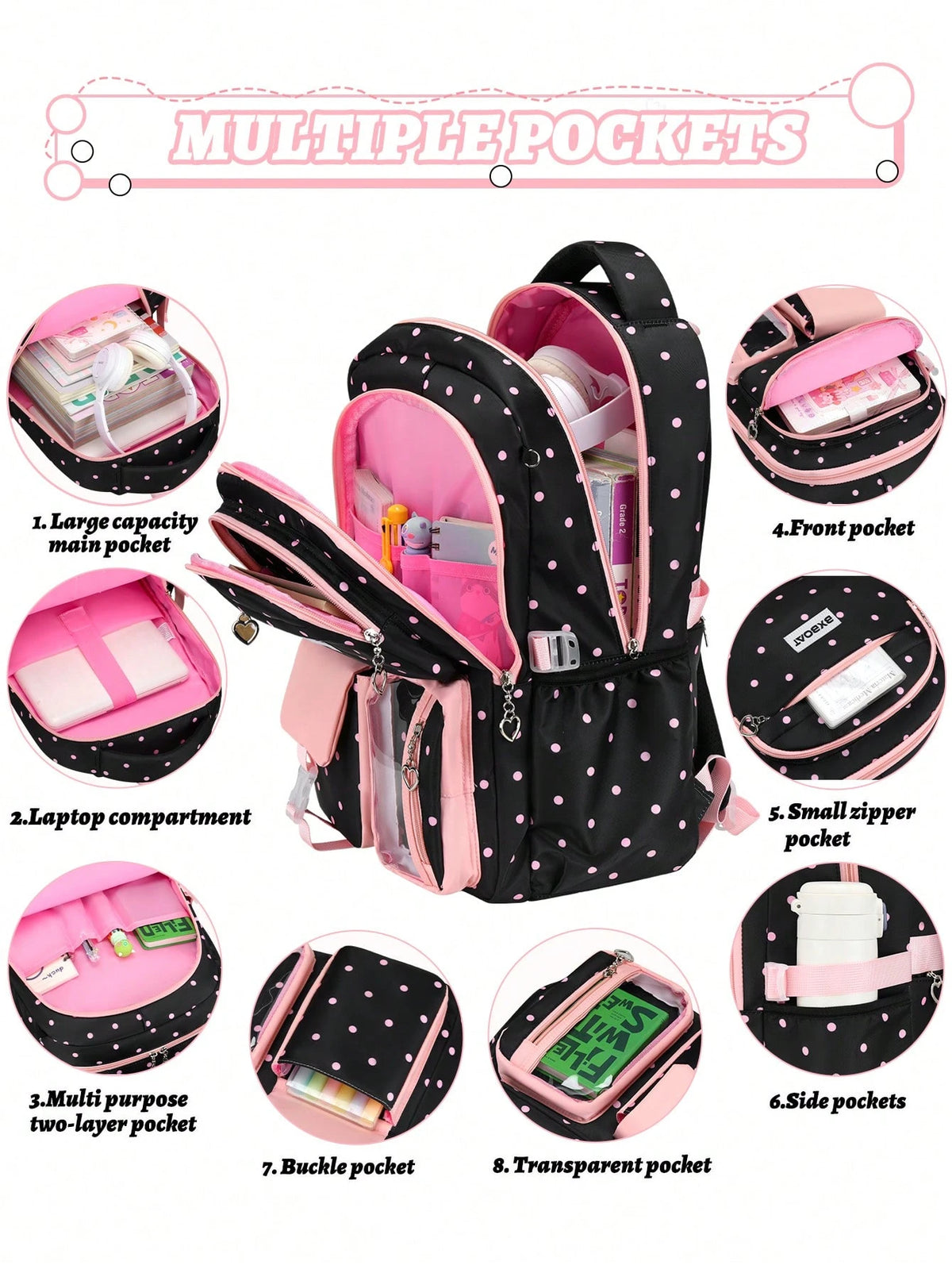 BXboat 3pcs/Set Strawberry Backpack Set For Teenage Girls, Including Backpack, Lunch Bag And Pencil Case, Lightweight & Cute Design, 15.6" Laptop Backpack With Trolley Handle, Suitable For School, Out