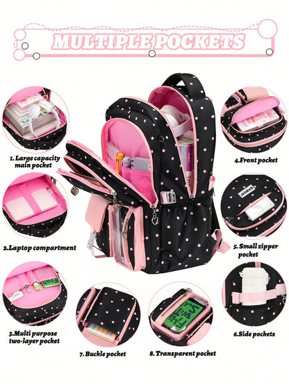 BXboat 3pcs/Set Strawberry Backpack Set For Teenage Girls, Including Backpack, Lunch Bag And Pencil Case, Lightweight & Cute Design, 15.6" Laptop Backpack With Trolley Handle, Suitable For School, Out