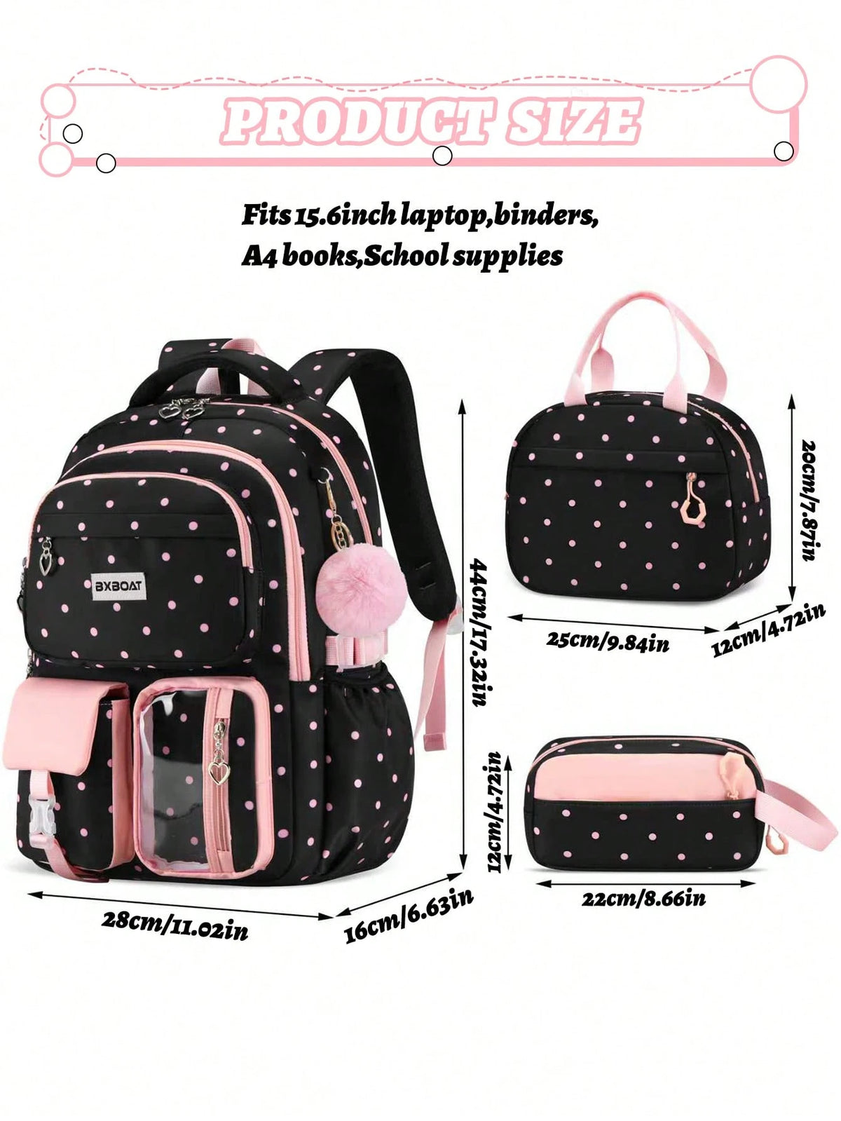 BXboat 3pcs/Set Strawberry Backpack Set For Teenage Girls, Including Backpack, Lunch Bag And Pencil Case, Lightweight & Cute Design, 15.6" Laptop Backpack With Trolley Handle, Suitable For School, Out
