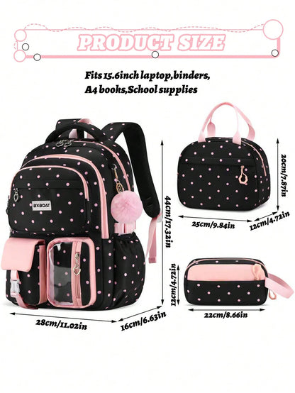 BXboat 3pcs/Set Strawberry Backpack Set For Teenage Girls, Including Backpack, Lunch Bag And Pencil Case, Lightweight & Cute Design, 15.6" Laptop Backpack With Trolley Handle, Suitable For School, Out