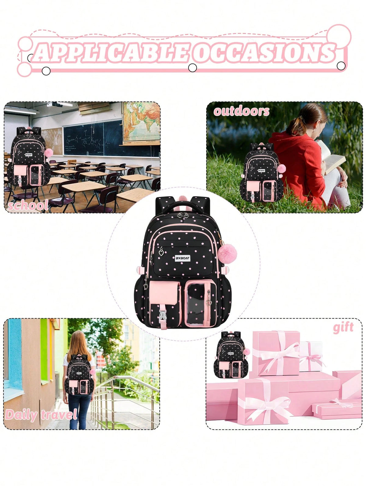 BXboat 3pcs/Set Strawberry Backpack Set For Teenage Girls, Including Backpack, Lunch Bag And Pencil Case, Lightweight & Cute Design, 15.6" Laptop Backpack With Trolley Handle, Suitable For School, Out