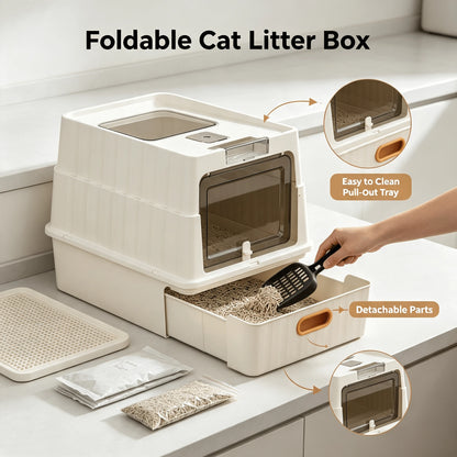 Cat Essentials Fully Enclosed Drawer Cat Litter Box, Extra Large Anti-Splash Odor Control Cat Toilet With Front Door & Top Lid, Easy Pull-Out Tray Cat Sand Box With Free Litter Scoop For Large Medium