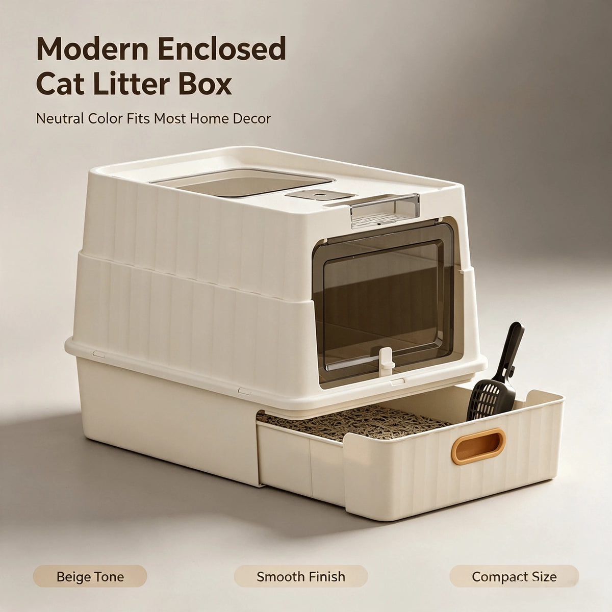 Cat Essentials Fully Enclosed Drawer Cat Litter Box, Extra Large Anti-Splash Odor Control Cat Toilet With Front Door & Top Lid, Easy Pull-Out Tray Cat Sand Box With Free Litter Scoop For Large Medium
