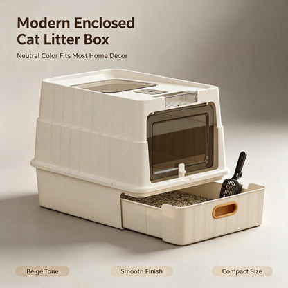 Cat Essentials Fully Enclosed Drawer Cat Litter Box, Extra Large Anti-Splash Odor Control Cat Toilet With Front Door & Top Lid, Easy Pull-Out Tray Cat Sand Box With Free Litter Scoop For Large Medium
