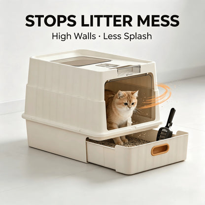 Cat Essentials Fully Enclosed Drawer Cat Litter Box, Extra Large Anti-Splash Odor Control Cat Toilet With Front Door & Top Lid, Easy Pull-Out Tray Cat Sand Box With Free Litter Scoop For Large Medium