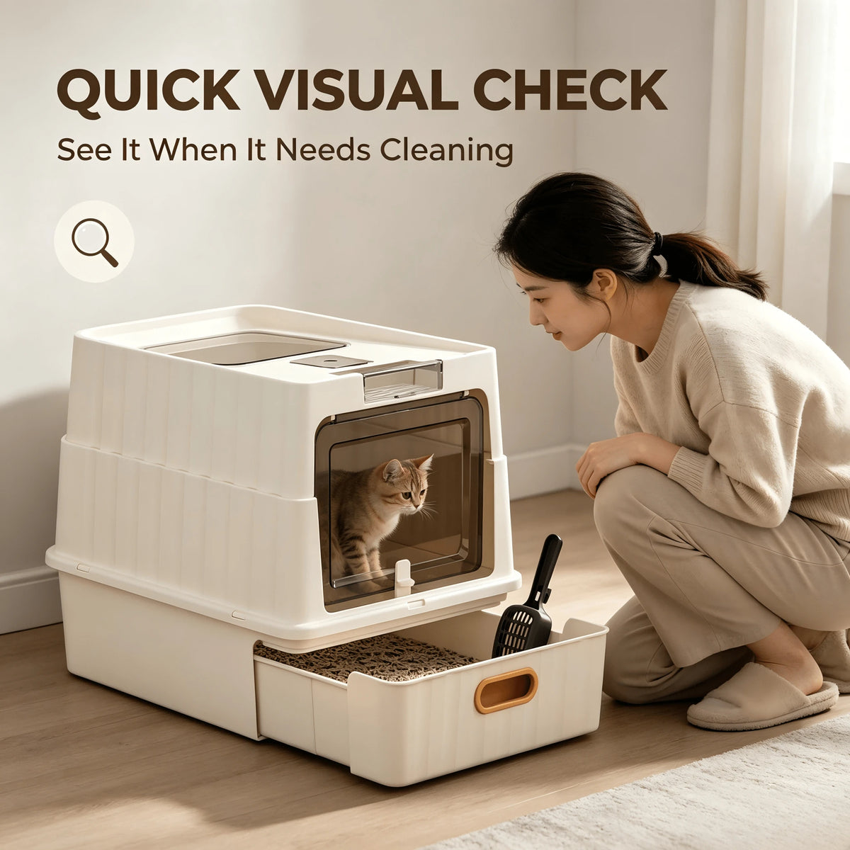 Cat Essentials Fully Enclosed Drawer Cat Litter Box, Extra Large Anti-Splash Odor Control Cat Toilet With Front Door & Top Lid, Easy Pull-Out Tray Cat Sand Box With Free Litter Scoop For Large Medium