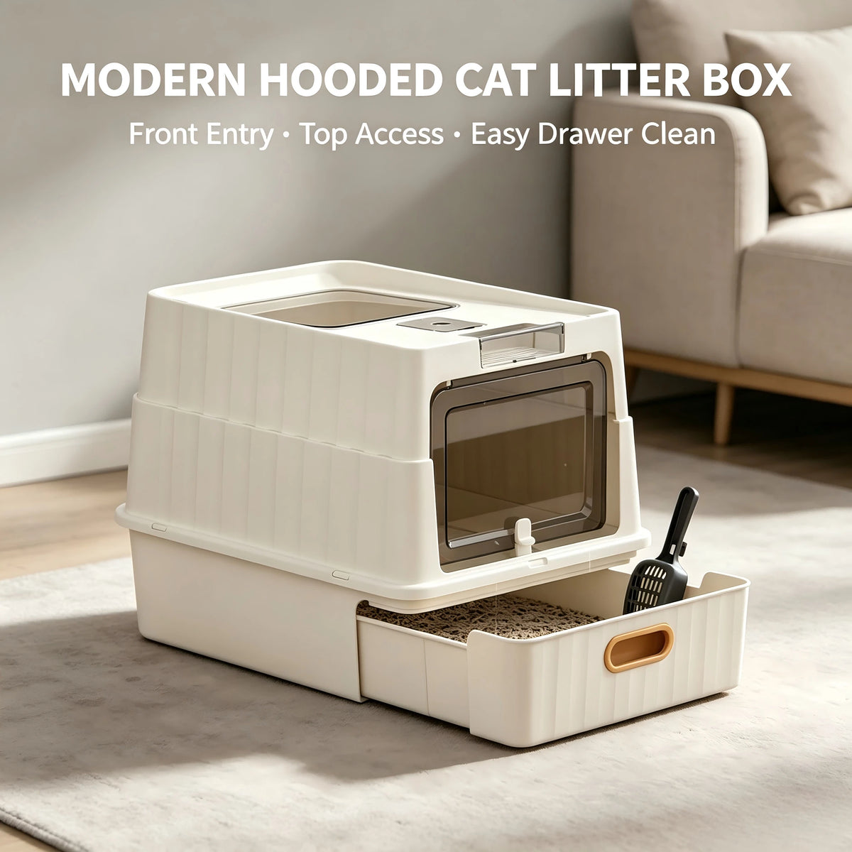 Cat Essentials Fully Enclosed Drawer Cat Litter Box, Extra Large Anti-Splash Odor Control Cat Toilet With Front Door & Top Lid, Easy Pull-Out Tray Cat Sand Box With Free Litter Scoop For Large Medium