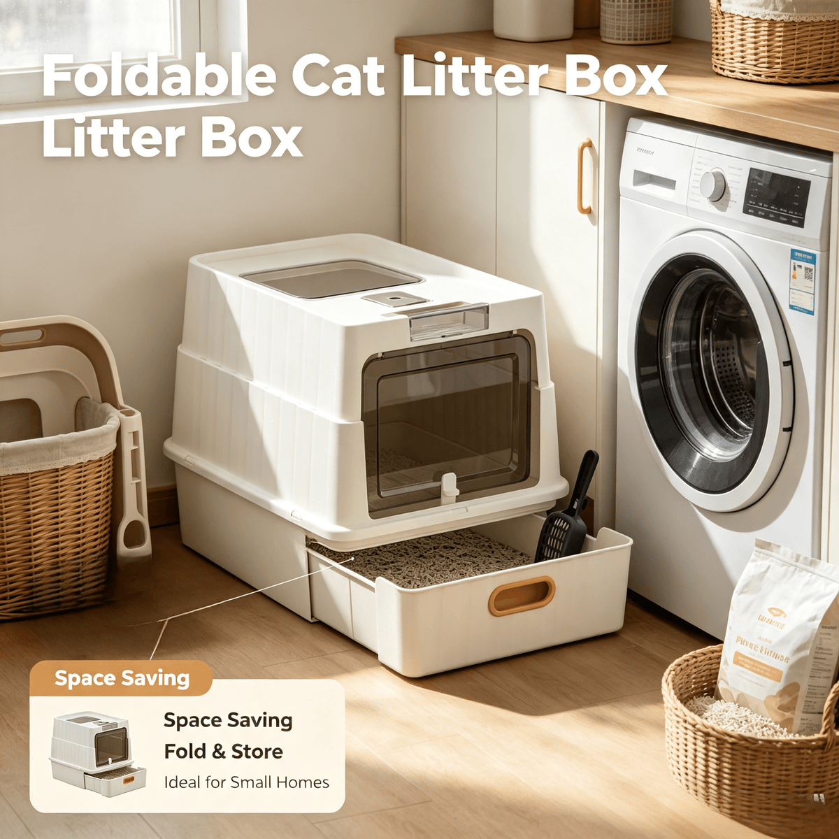 Cat Essentials Fully Enclosed Drawer Cat Litter Box, Extra Large Anti-Splash Odor Control Cat Toilet With Front Door & Top Lid, Easy Pull-Out Tray Cat Sand Box With Free Litter Scoop For Large Medium