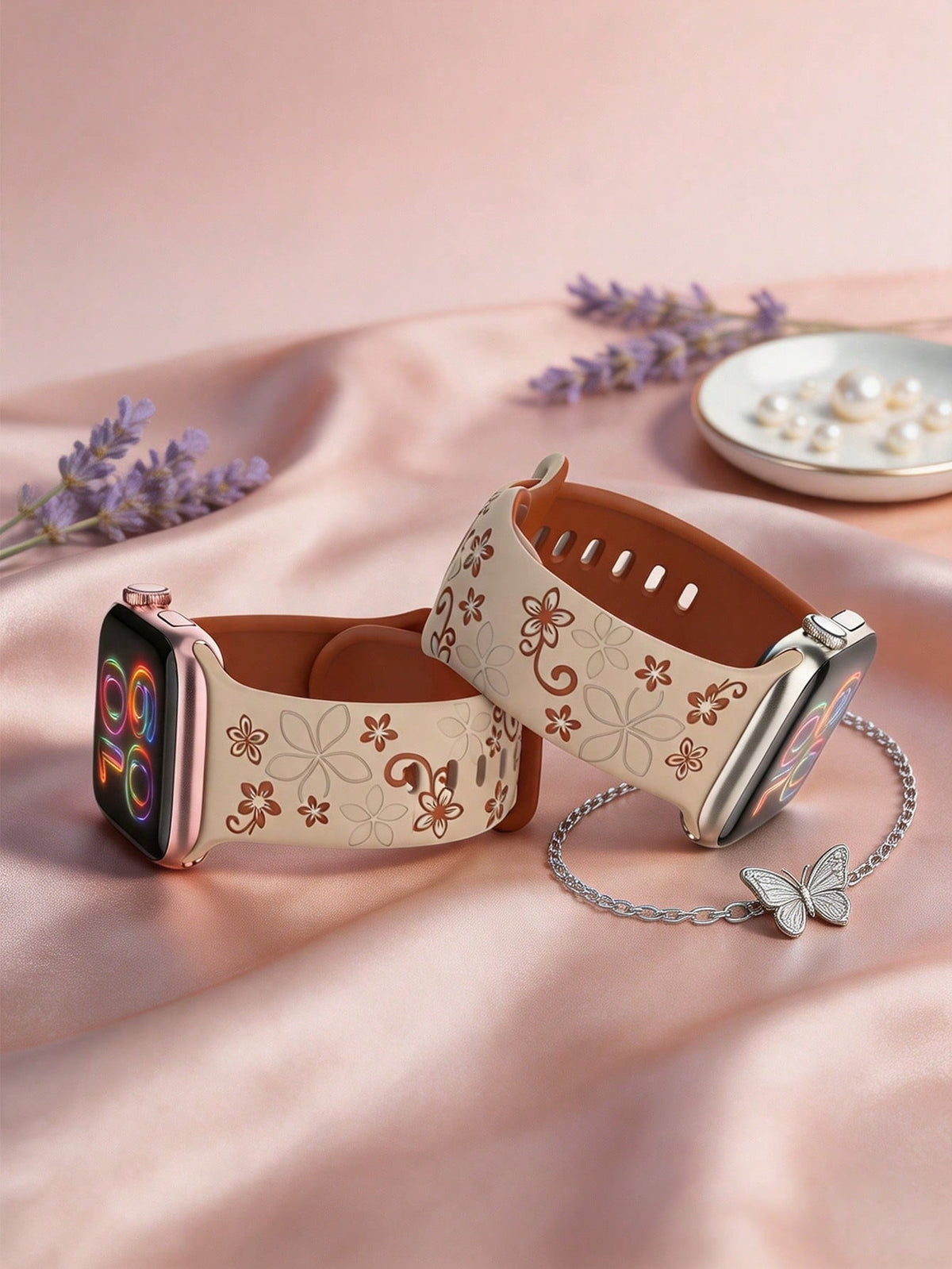 Cherry Blossom Floral Carved Watch Band, Compatible With Apple Watch 41mm 40mm 44mm 45mm 42mm 38mm 49mm 46mm, Cute Flower, Soft Silicone Sports Watch Band, Compatible With Apple Watch Series 11 10 SE