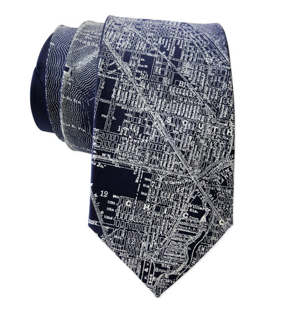Vintage Chicago Map Necktie. Platinum on Navy Blue Tie, by Cyberoptix