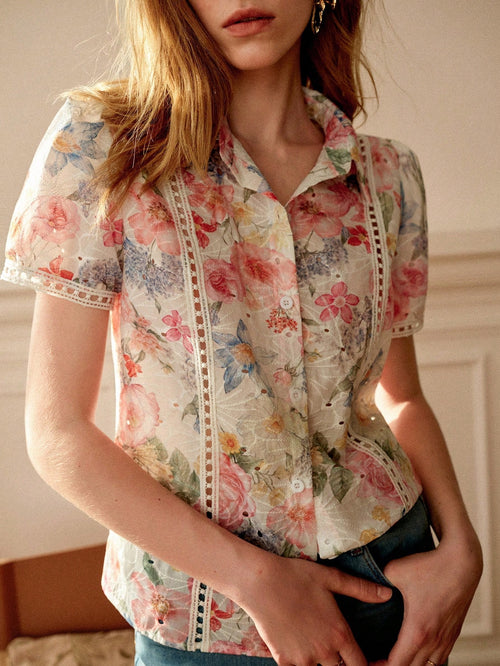 Écloséra French Retro Women Short Sleeve Blouse,Pink Colorful Embroidered Hollow-Out Lace Patchwork,Summer Cottage Core Flowy Tea Party Cream Vacation