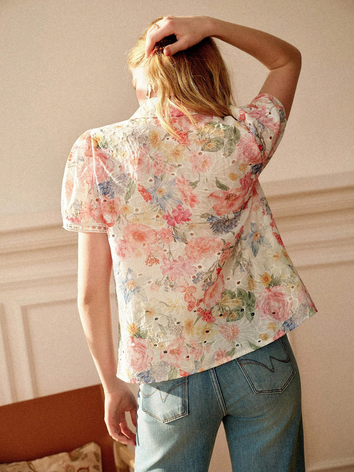 Écloséra French Retro Women Short Sleeve Blouse,Pink Colorful Embroidered Hollow-Out Lace Patchwork,Summer Cottage Core Flowy Tea Party Cream Vacation