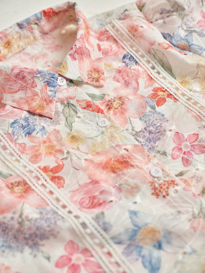 Écloséra French Retro Women Short Sleeve Blouse,Pink Colorful Embroidered Hollow-Out Lace Patchwork,Summer Cottage Core Flowy Tea Party Cream Vacation