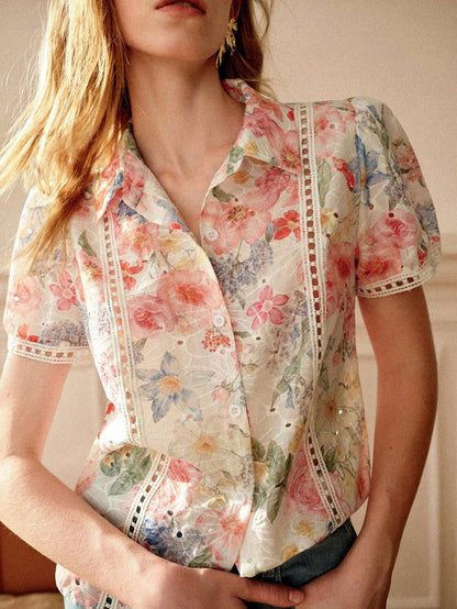 Écloséra French Retro Women Short Sleeve Blouse,Pink Colorful Embroidered Hollow-Out Lace Patchwork,Summer Cottage Core Flowy Tea Party Cream Vacation