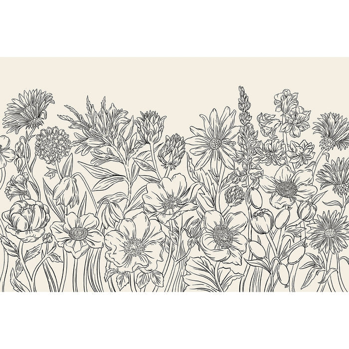 A black line-art illustration of a wildflower meadow, against a white background.