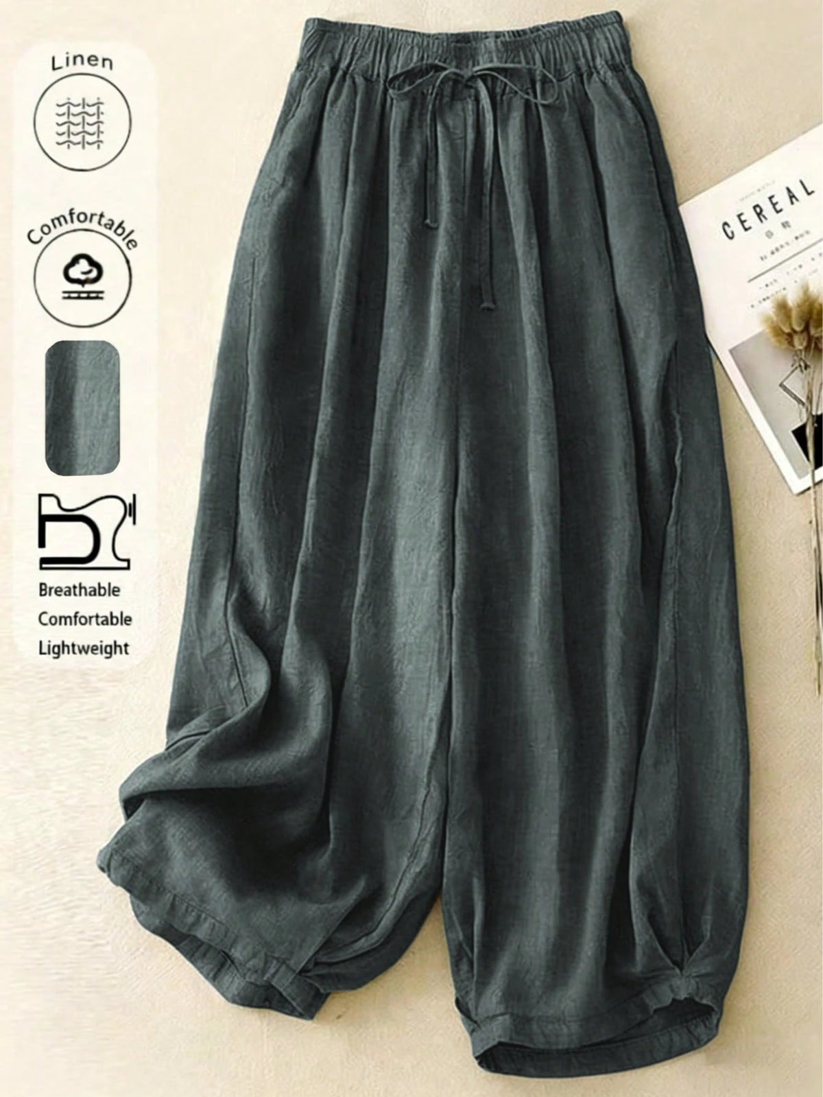 Comfortable Casual High Waist Elastic Linen Drape Pants, Suitable For Autumn & Summer Spring