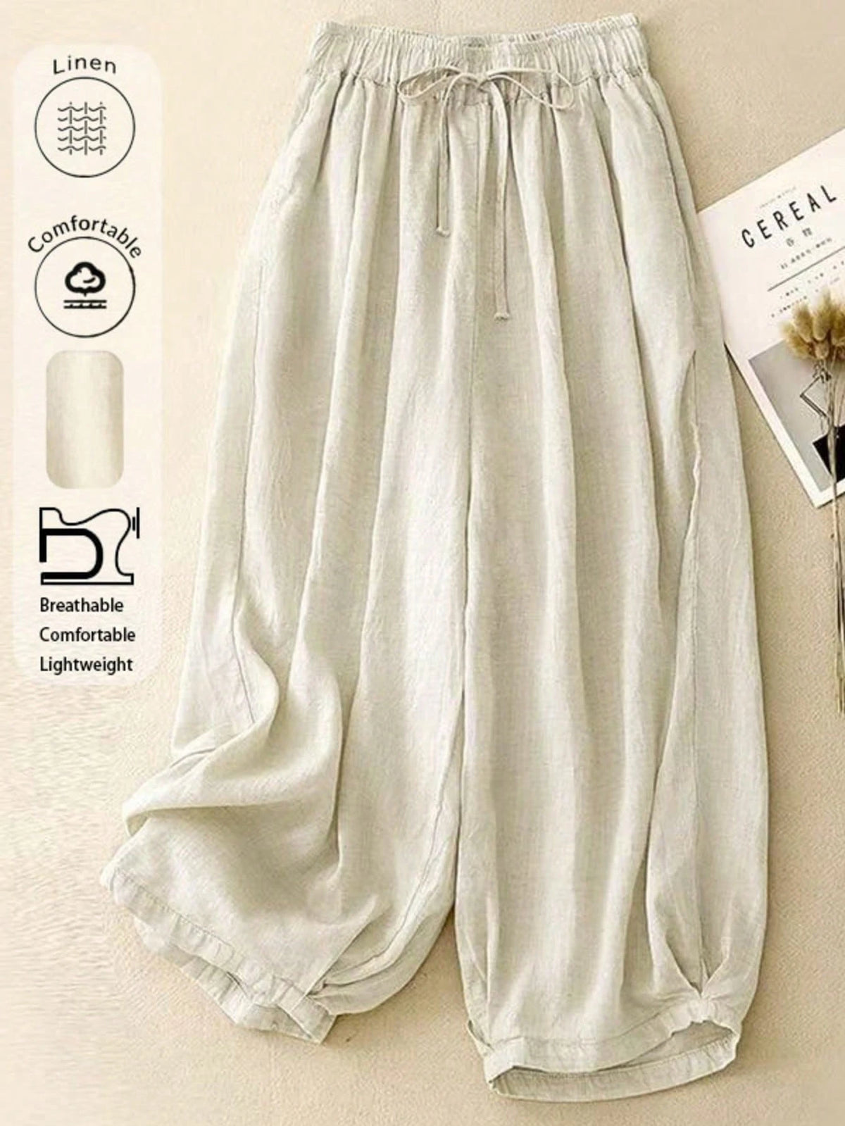 Comfortable Casual High Waist Elastic Linen Drape Pants, Suitable For Autumn & Summer Spring