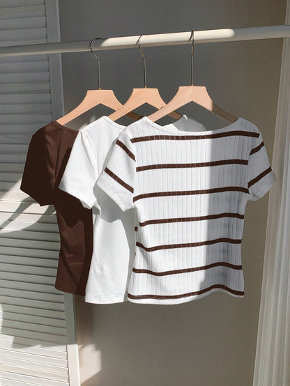 Comfortcana 3pcs Women's Short Sleeve Basic Crew Neck Cropped T-Shirts In Coffee Brown & White, Fall Clothes