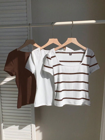 Comfortcana 3pcs Women's Short Sleeve Basic Crew Neck Cropped T-Shirts In Coffee Brown & White, Fall Clothes