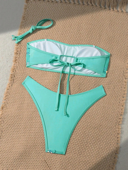 Costavie Swim 2pcs Floral Sequin Textured Bandeau Bikini Set, Casual Swimwear For Women, Spring/Summer Holiday Beach Party Vacation Turquoise