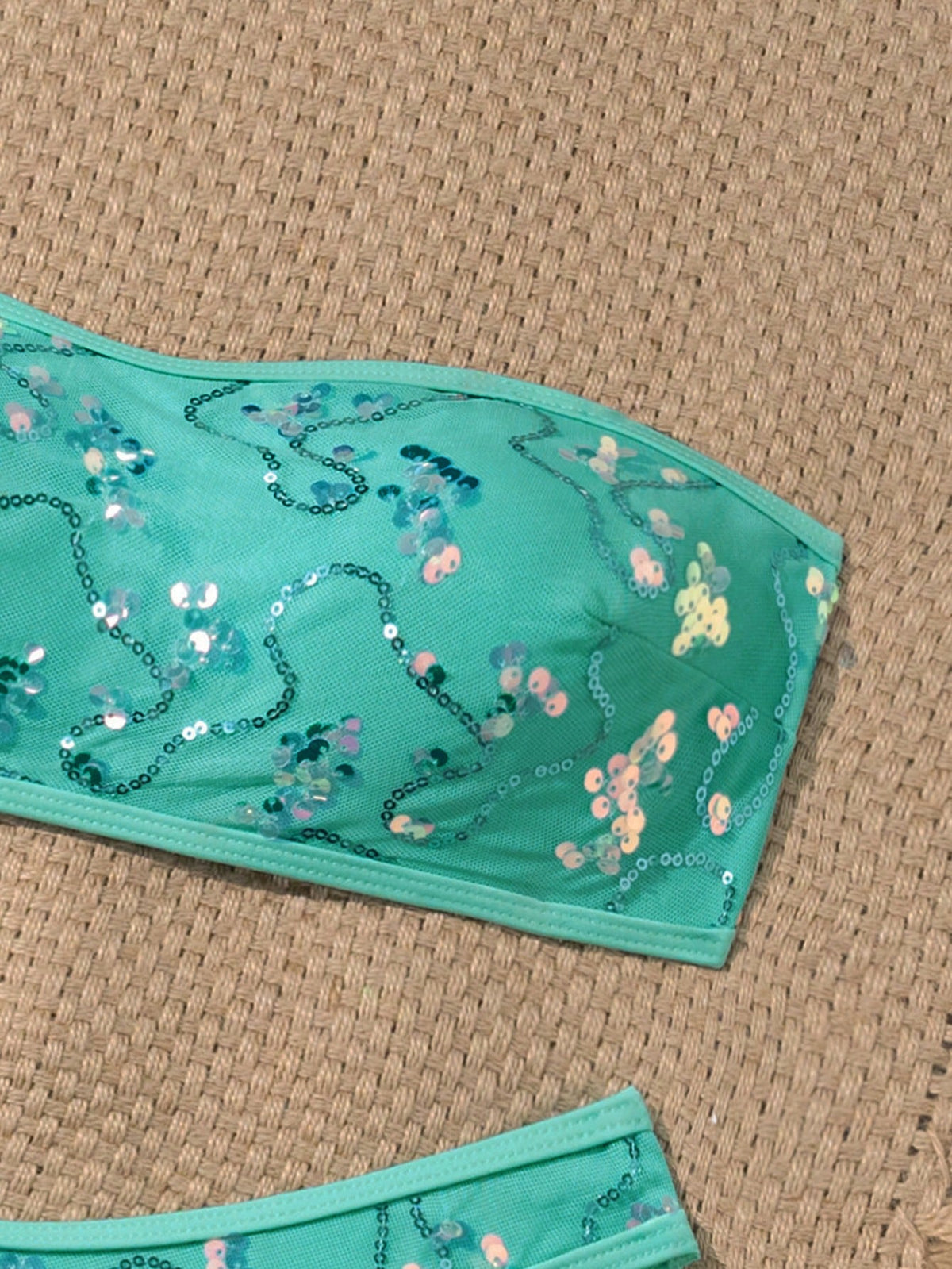 Costavie Swim 2pcs Floral Sequin Textured Bandeau Bikini Set, Casual Swimwear For Women, Spring/Summer Holiday Beach Party Vacation Turquoise
