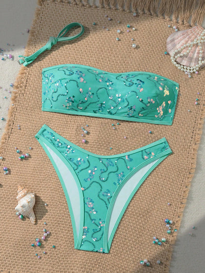 Costavie Swim 2pcs Floral Sequin Textured Bandeau Bikini Set, Casual Swimwear For Women, Spring/Summer Holiday Beach Party Vacation Turquoise