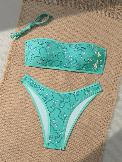 Costavie Swim 2pcs Floral Sequin Textured Bandeau Bikini Set, Casual Swimwear For Women, Spring/Summer Holiday Beach Party Vacation Turquoise