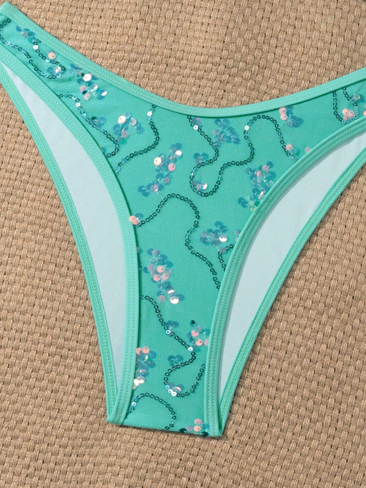 Costavie Swim 2pcs Floral Sequin Textured Bandeau Bikini Set, Casual Swimwear For Women, Spring/Summer Holiday Beach Party Vacation Turquoise