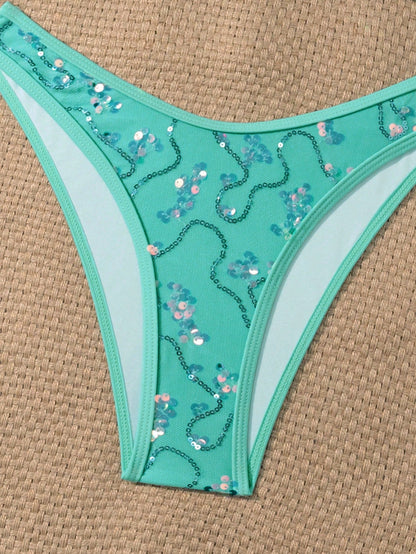 Costavie Swim 2pcs Floral Sequin Textured Bandeau Bikini Set, Casual Swimwear For Women, Spring/Summer Holiday Beach Party Vacation Turquoise