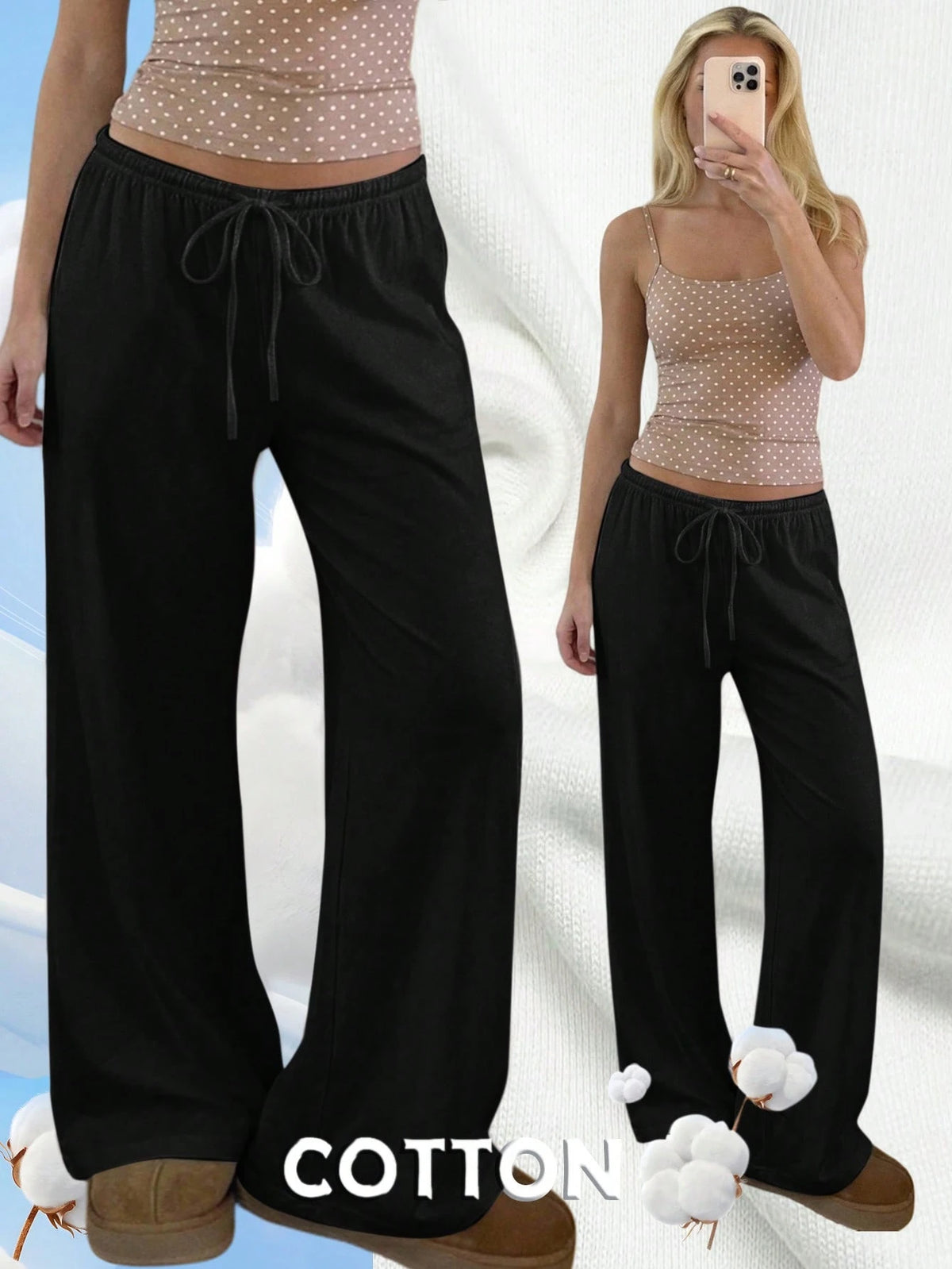 CovetEZ Women's Plain Black Casual Basic Drawstring Waist Wide Leg Jogger Pants, Comfortable Loose Yoga Pants, Fitness Pants, Summer Loungewear Lounge