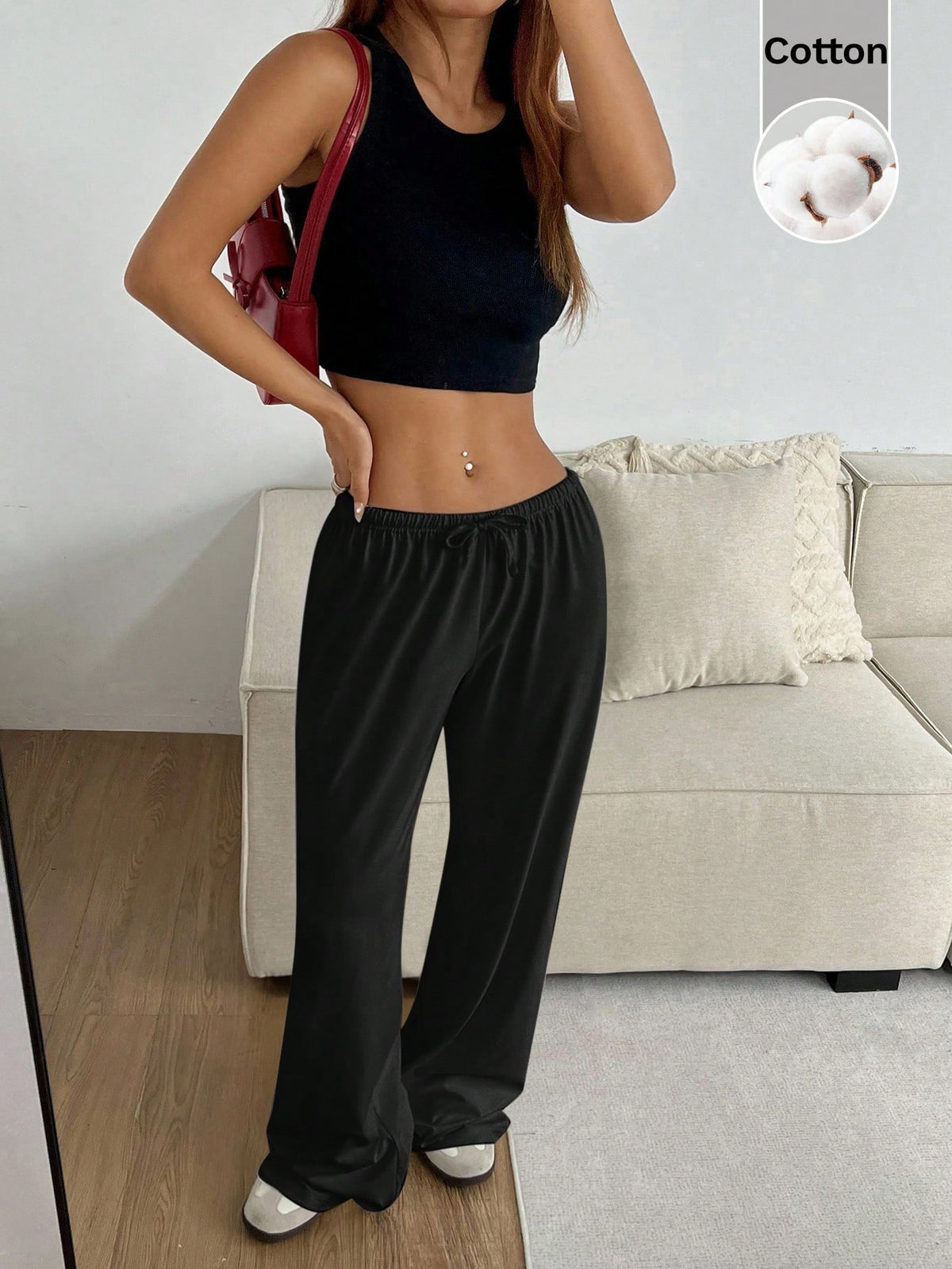 CovetEZ Women's Plain Black Casual Basic Drawstring Waist Wide Leg Jogger Pants, Comfortable Loose Yoga Pants, Fitness Pants, Summer Loungewear Lounge