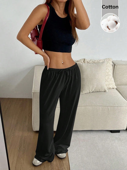 CovetEZ Women's Plain Black Casual Basic Drawstring Waist Wide Leg Jogger Pants, Comfortable Loose Yoga Pants, Fitness Pants, Summer Loungewear Lounge
