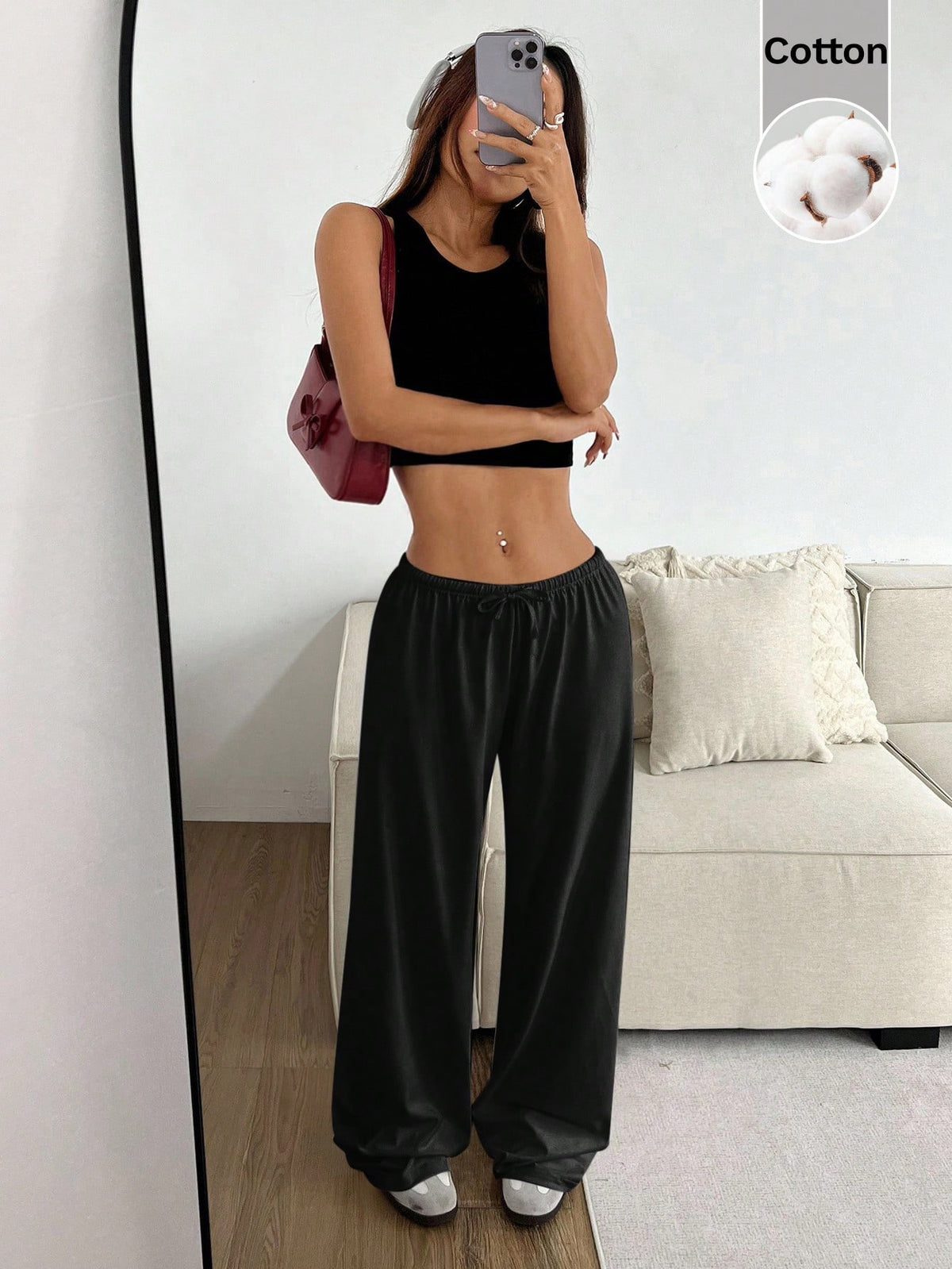 CovetEZ Women's Plain Black Casual Basic Drawstring Waist Wide Leg Jogger Pants, Comfortable Loose Yoga Pants, Fitness Pants, Summer Loungewear Lounge