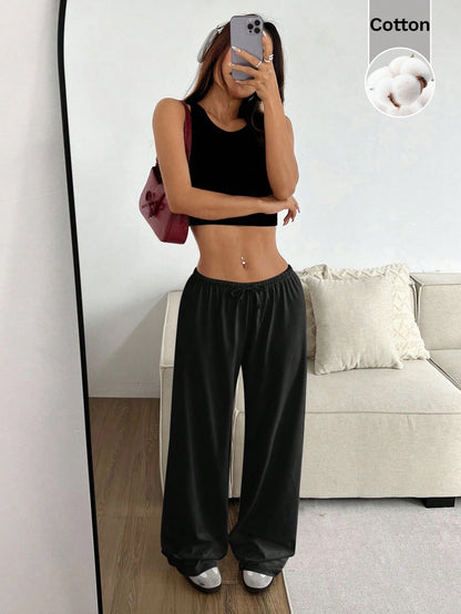 CovetEZ Women's Plain Black Casual Basic Drawstring Waist Wide Leg Jogger Pants, Comfortable Loose Yoga Pants, Fitness Pants, Summer Loungewear Lounge