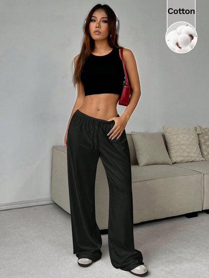 CovetEZ Women's Plain Black Casual Basic Drawstring Waist Wide Leg Jogger Pants, Comfortable Loose Yoga Pants, Fitness Pants, Summer Loungewear Lounge