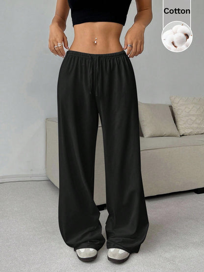 CovetEZ Women's Plain Black Casual Basic Drawstring Waist Wide Leg Jogger Pants, Comfortable Loose Yoga Pants, Fitness Pants, Summer Loungewear Lounge